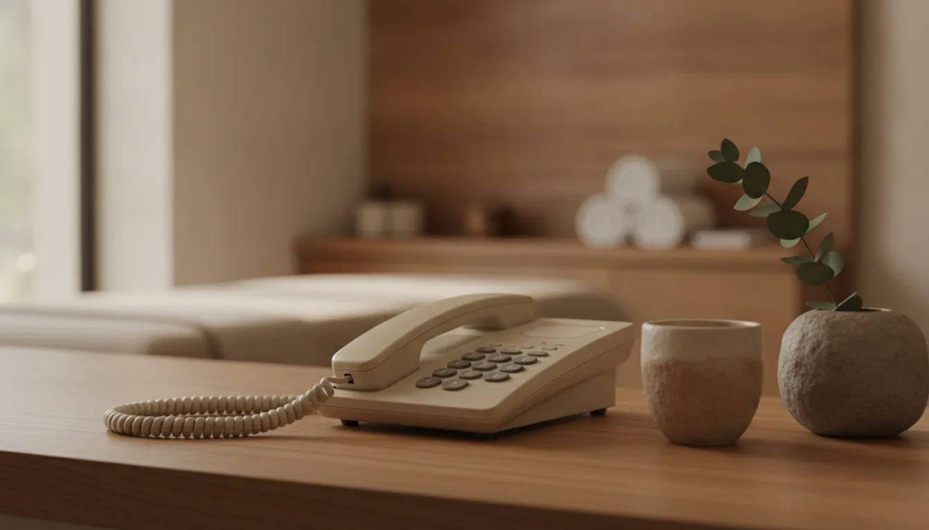 A corded desk telephone on the oak reception counter of a small wellness studio, beside a ceramic cup and a sprig of eucalyptus