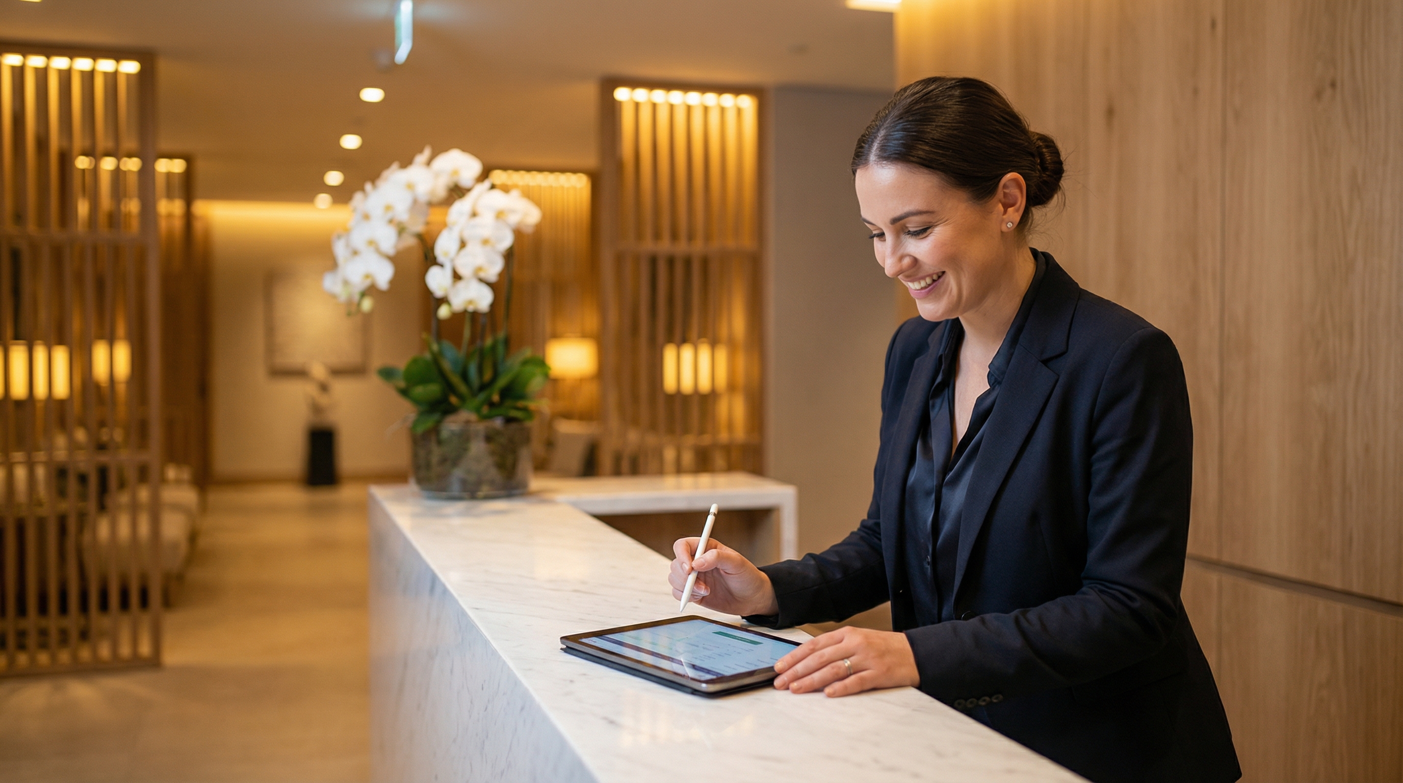 A spa reception desk with a digital booking interface showing AI-powered scheduling recommendations