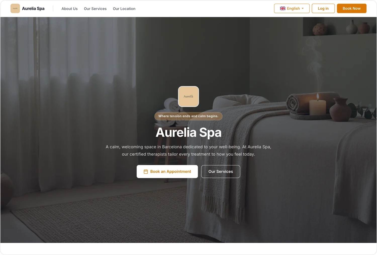 A real WellDesk booking page for the Aurelia Spa demo — a branded hero with the shop's own photo, name, and a Book an Appointment button