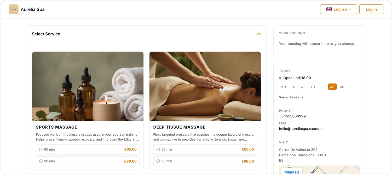 The booking flow on the Aurelia Spa page — service cards with real treatment durations and prices, alongside the shop's hours and contact details