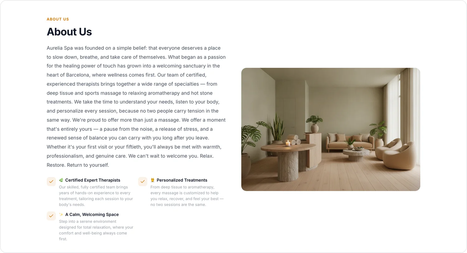 The About section of the Aurelia Spa page — the shop's story, a photo of the space, and points on certified therapists, personalized treatments, and a calm, welcoming space
