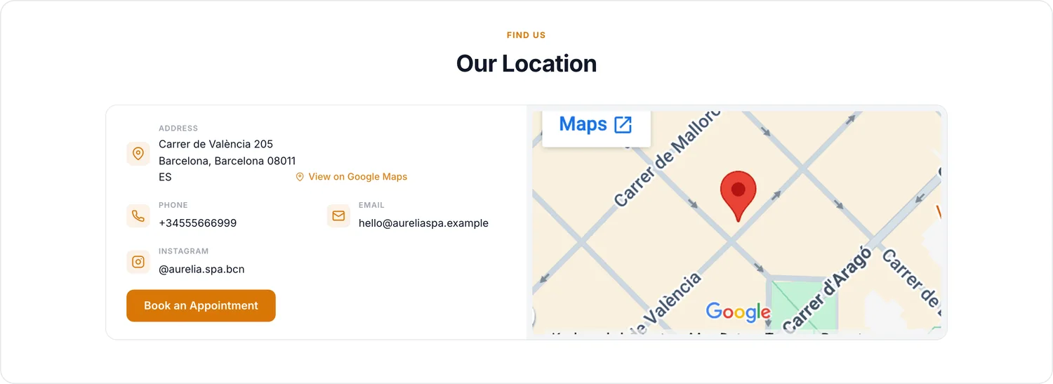 The location section of the Aurelia Spa page — address, phone, email and Instagram, next to a map pinning the shop, with a Book an Appointment button