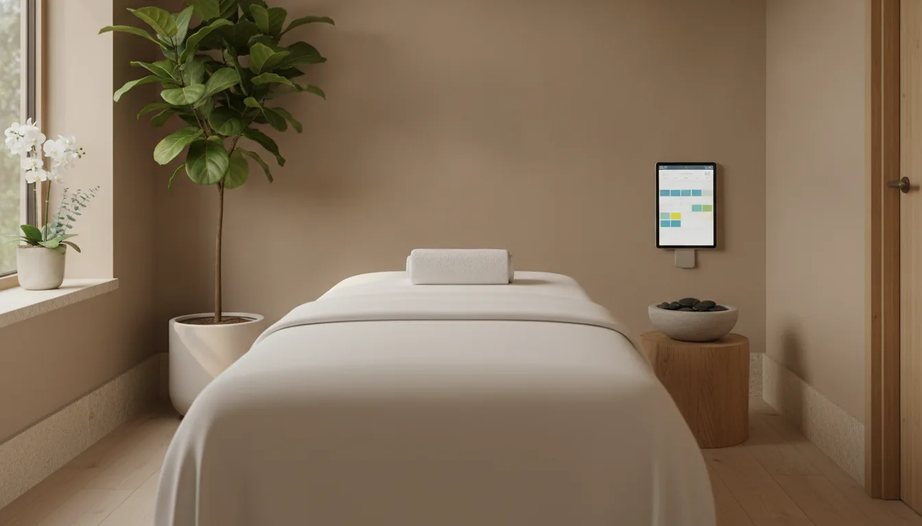 A serene massage room with the day's calendar on a phone at the bedside