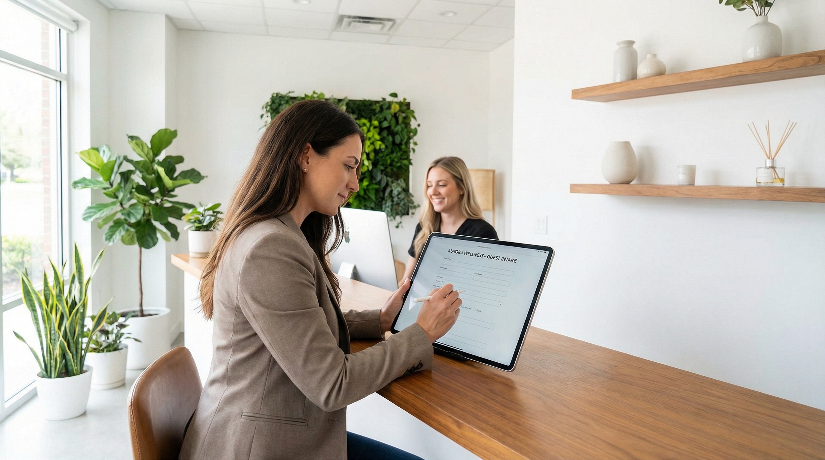 Abstract illustration of digital forms and clipboard representing streamlined client intake process