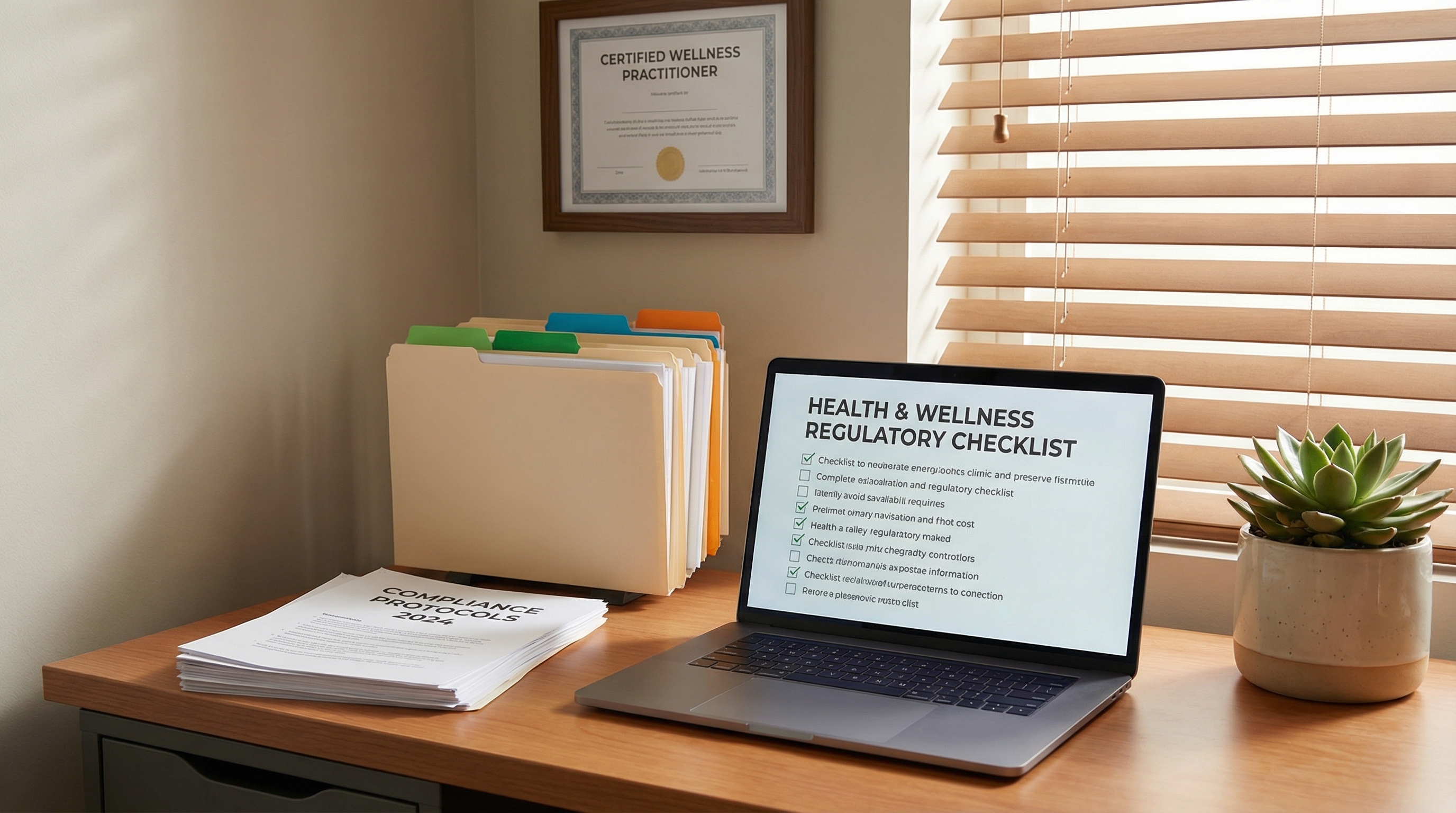 Abstract illustration of compliance and regulatory requirements with shield, checkmarks, and document icons in teal and navy