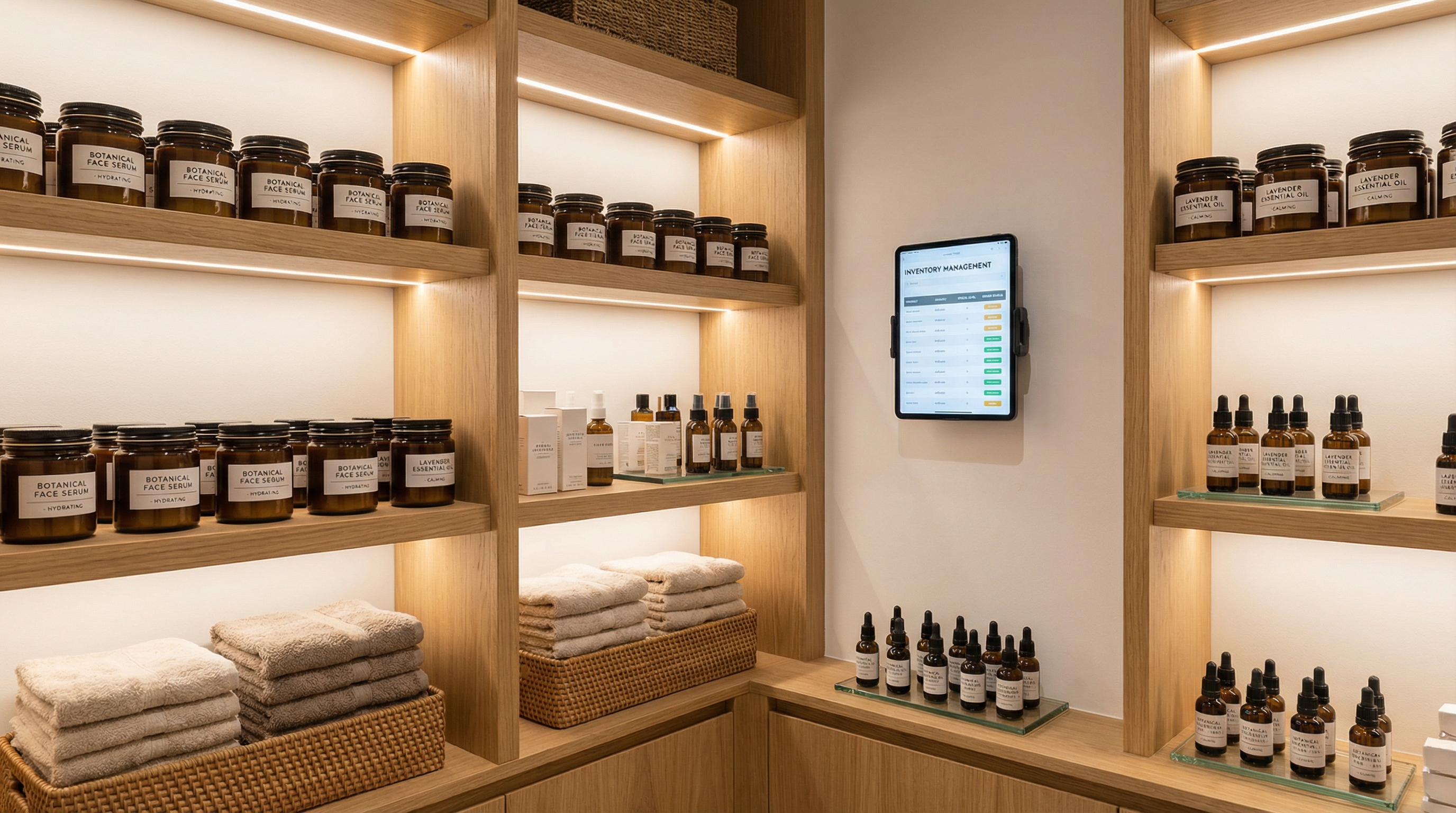 Abstract illustration of organized inventory management with shelves, boxes, and barcode elements in teal and navy colors