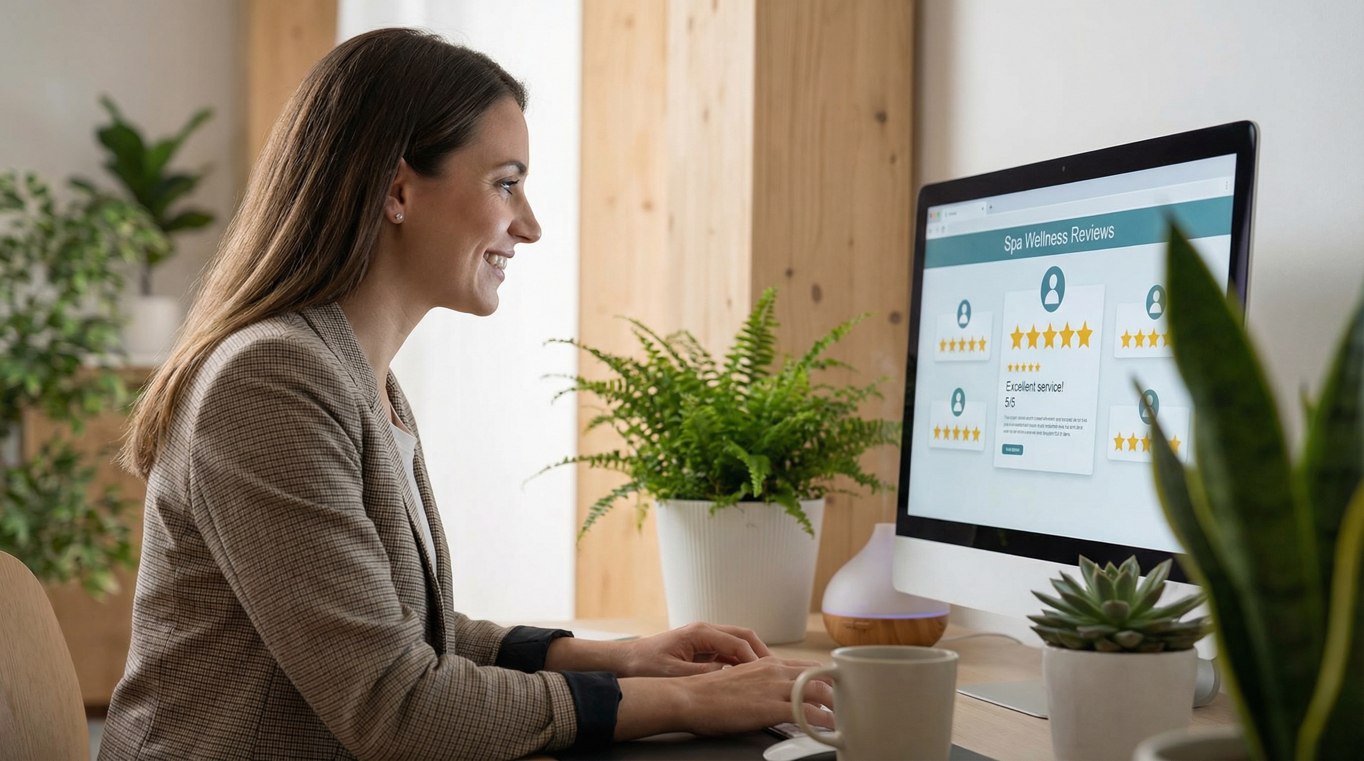 Abstract illustration of online reputation management with star ratings and review symbols