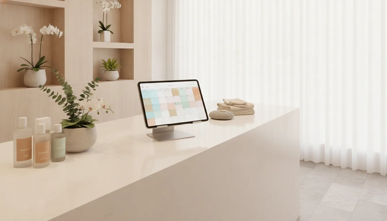 A bright facial-studio reception with a tablet and neatly arranged skincare