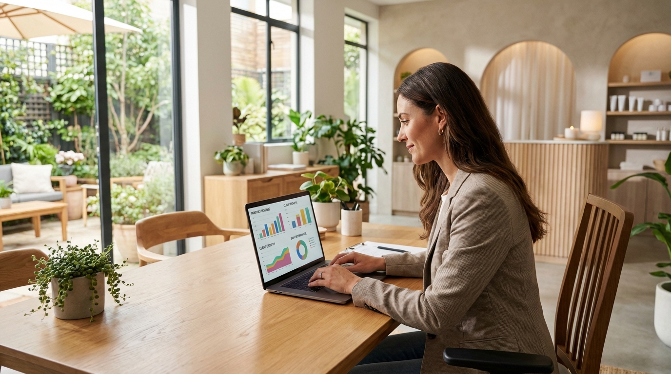 Abstract visualization of analytics dashboards with charts and graphs representing WellDesk's business intelligence features