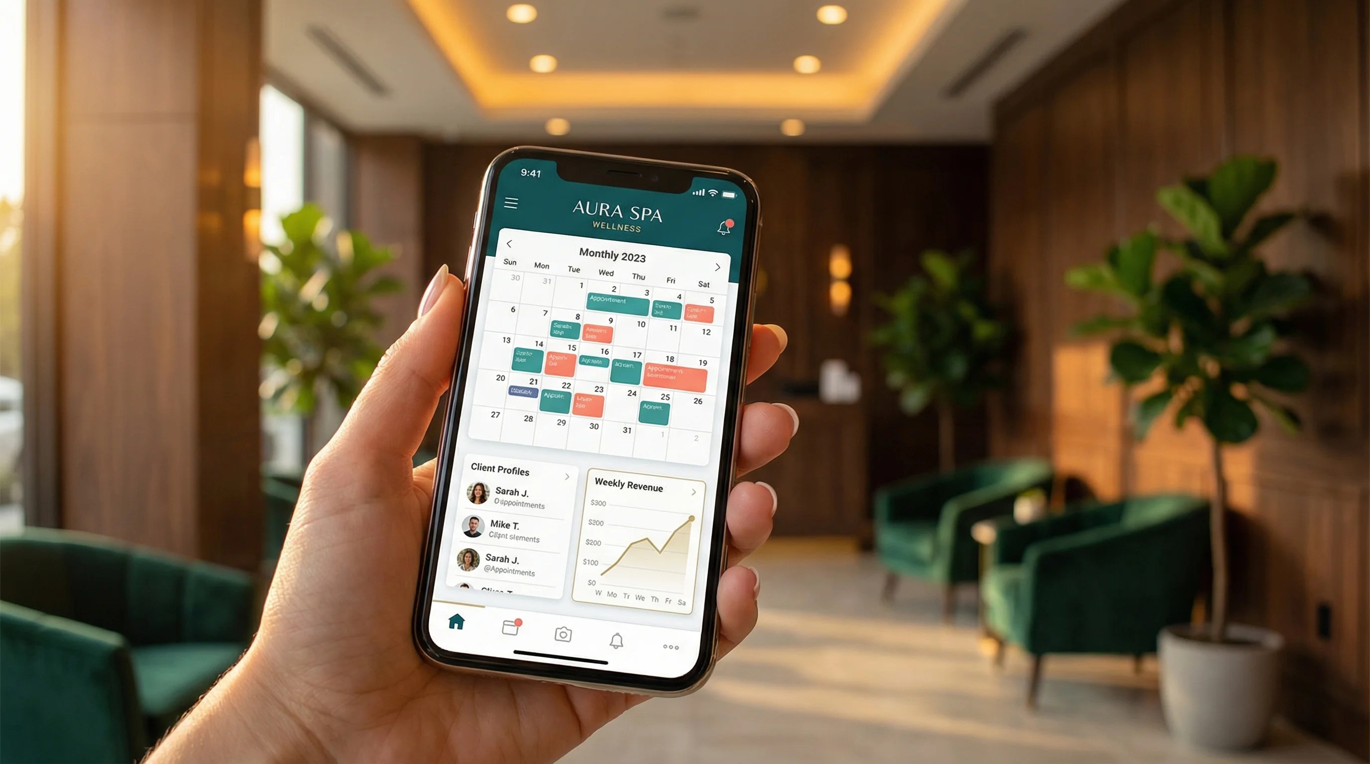 Smartphone displaying WellDesk mobile app interface with notification badges and touch gestures