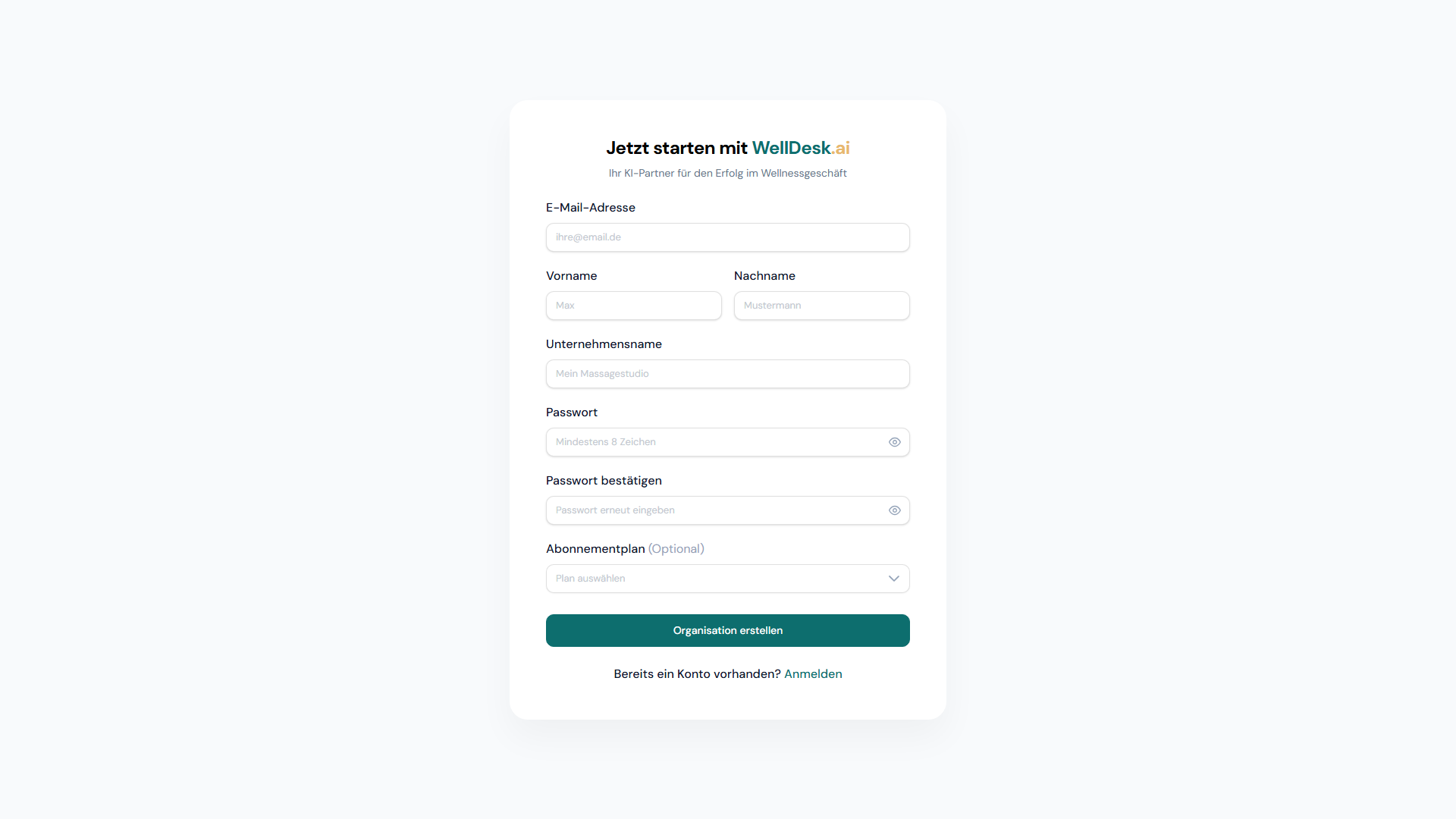 WellDesk Registrierungsbildschirm