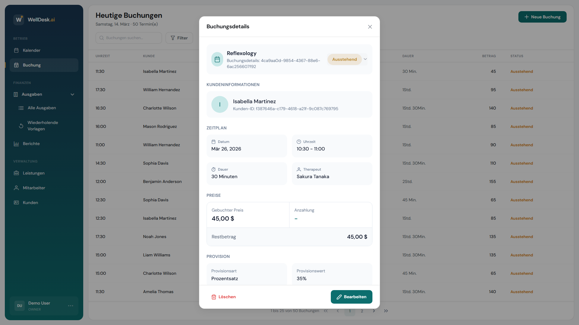 Dialog mit Buchungsdetails