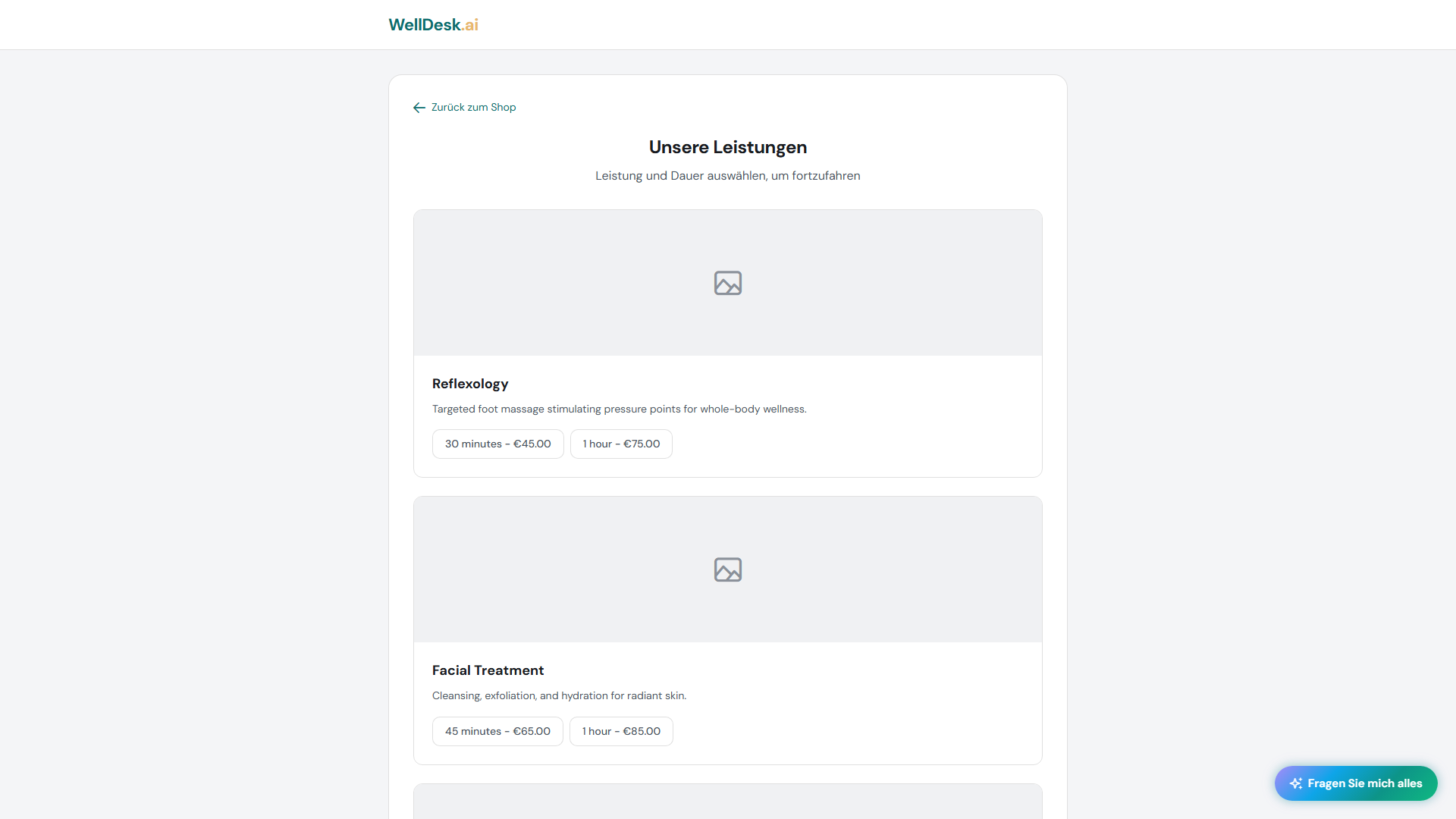 Dienstleistungsauswahl auf der Buchungsseite