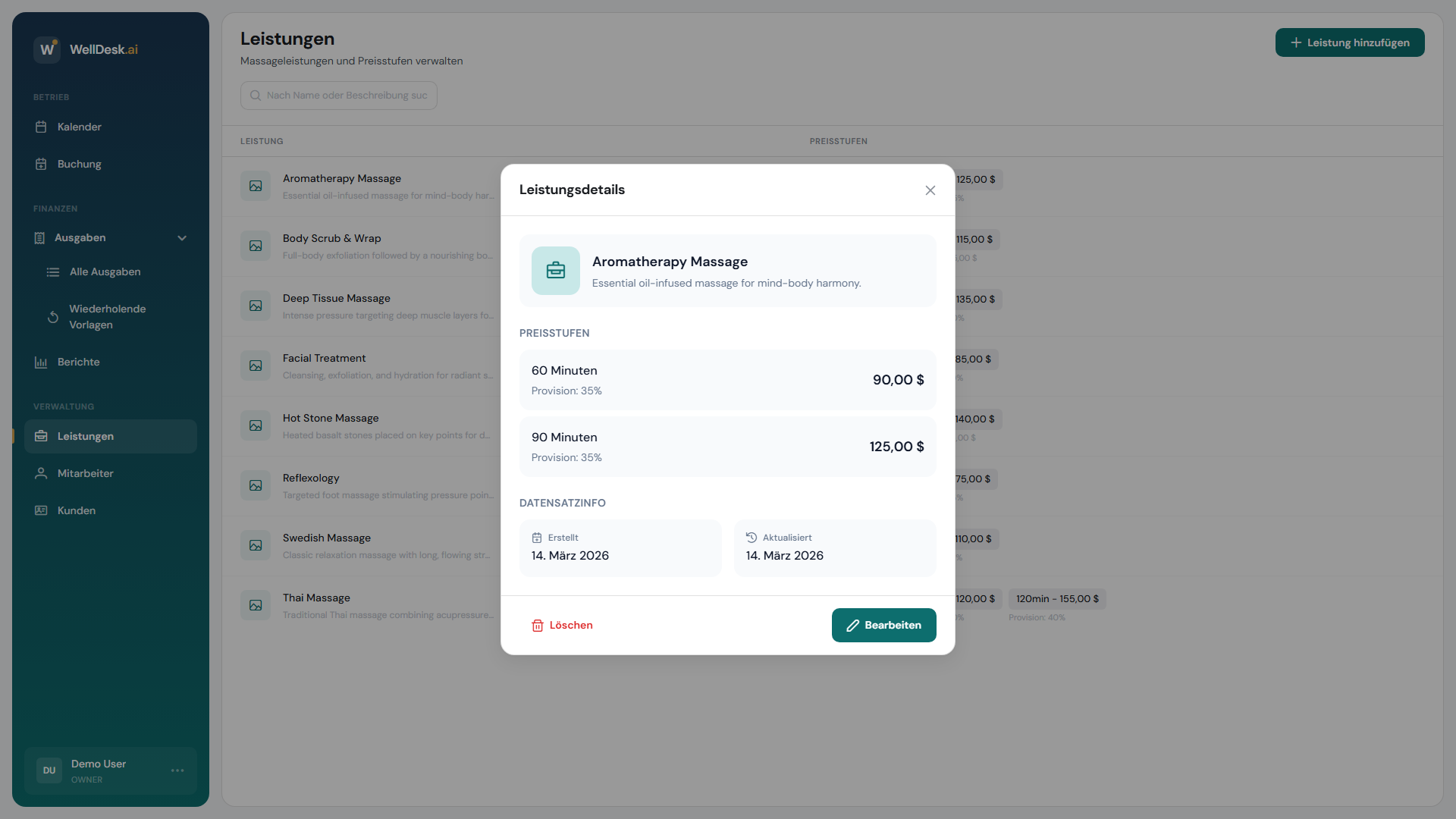 Dienstleistungsdetail mit Preisstufen
