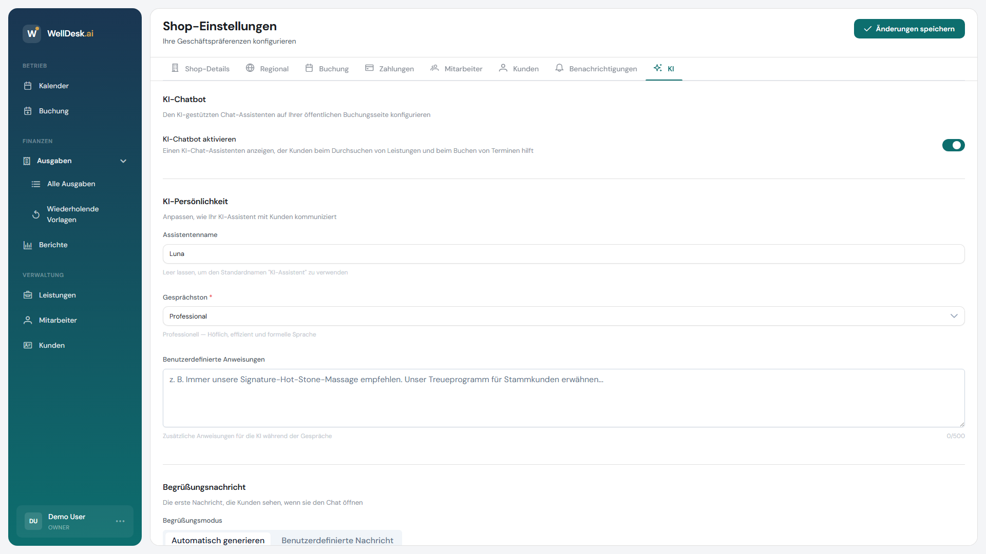 KI-Einstellungsbereich mit dem Schalter zum Aktivieren des KI-Assistenten und weiteren Konfigurationsoptionen