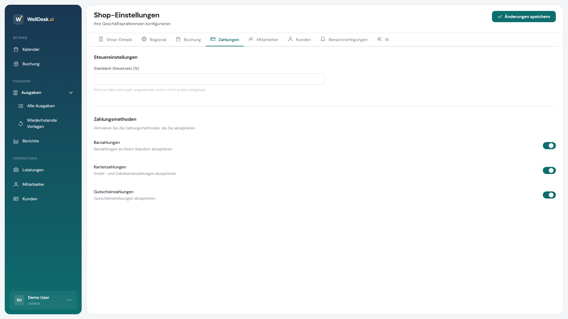 Tab Zahlungseinstellungen