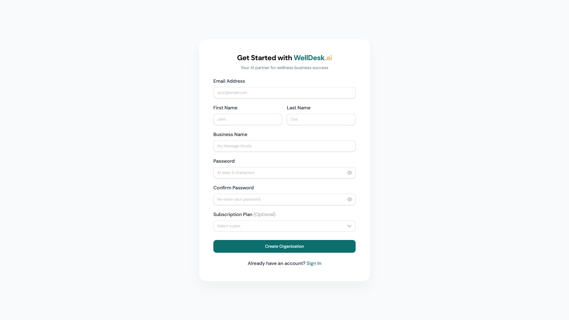 WellDesk registration screen