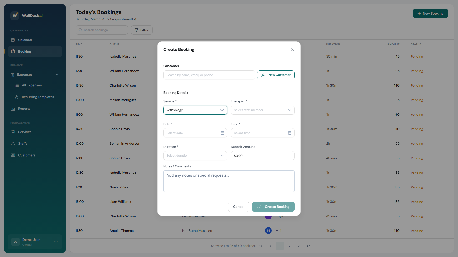Booking creation dialog