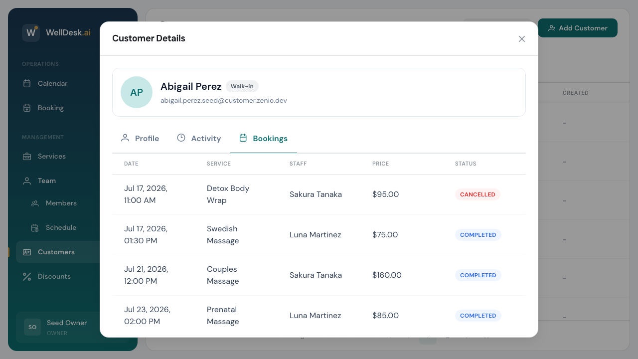 Customer detail — bookings tab