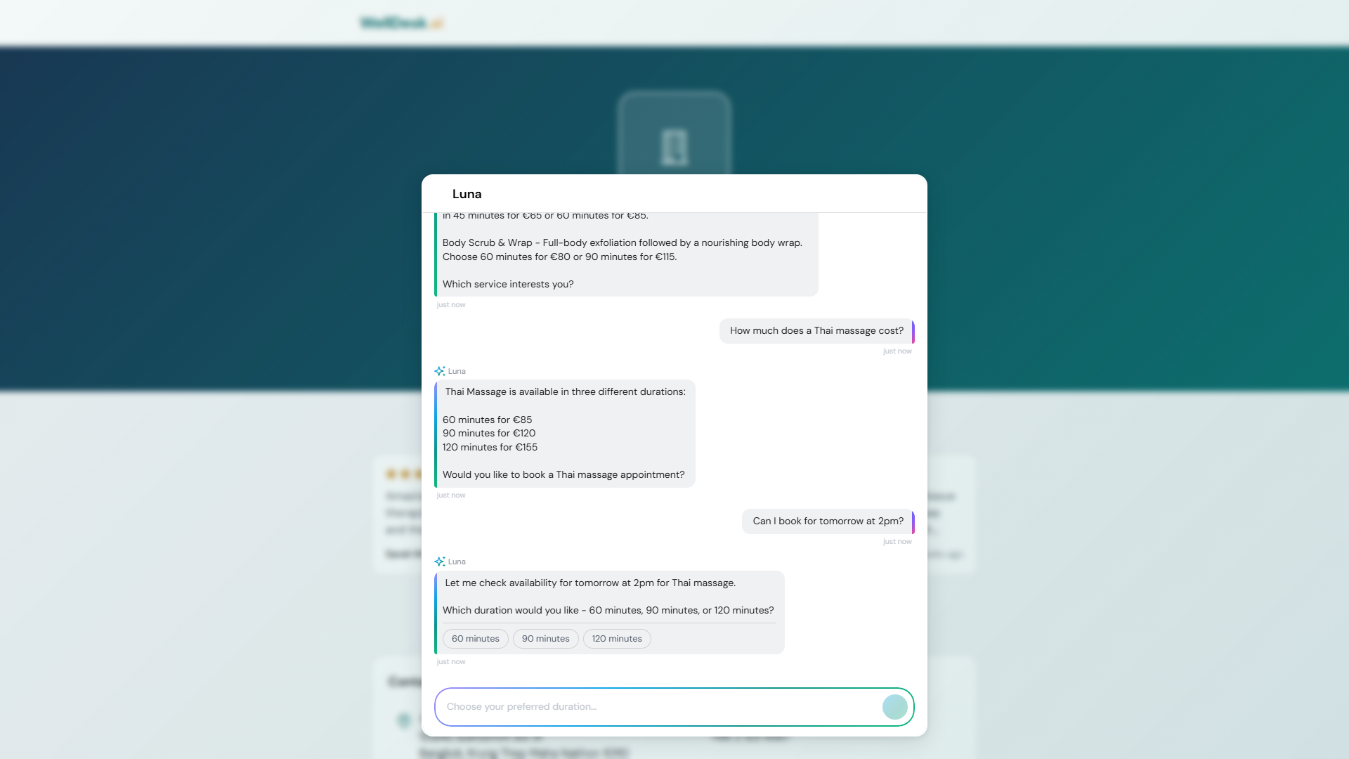 AI chat widget displayed in the bottom-right corner of the public booking page