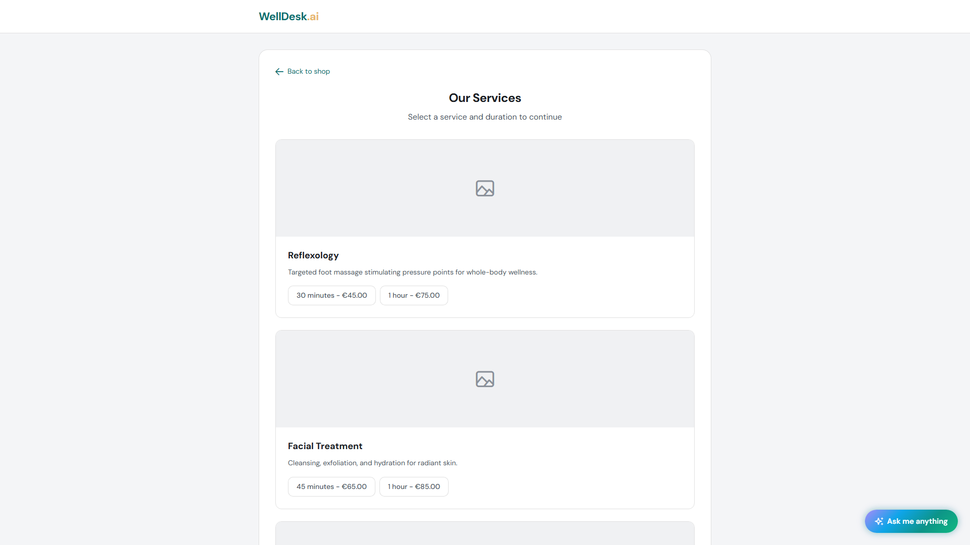 Service selection on booking page