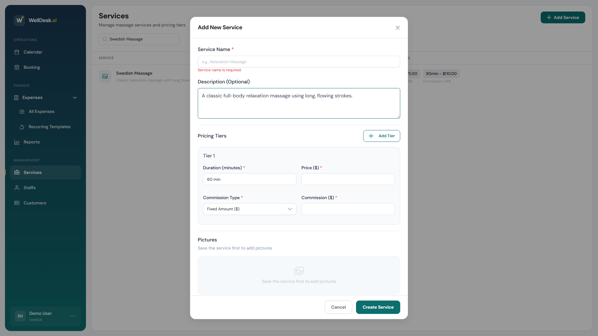 Service creation dialog