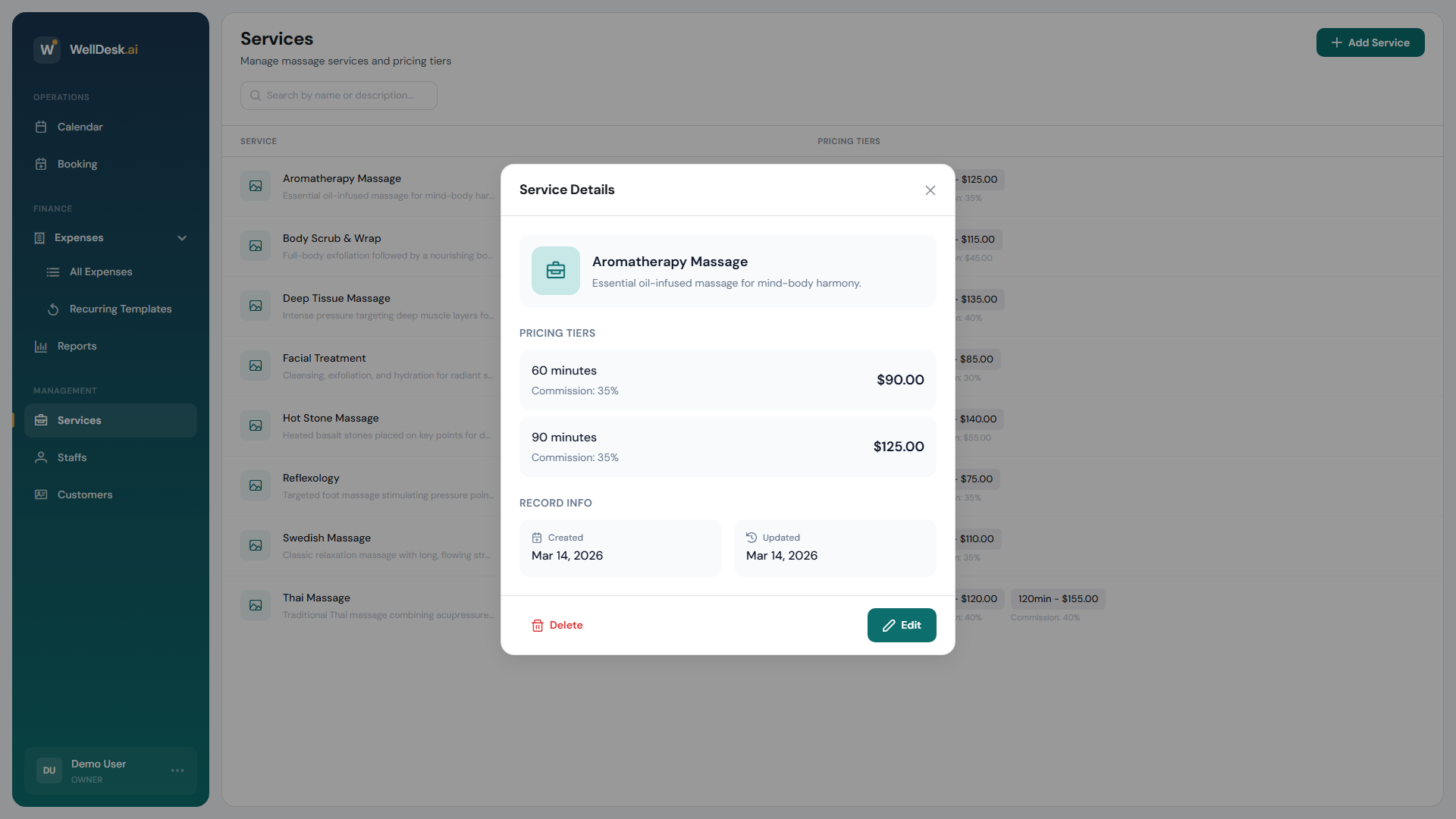 Service detail with pricing tiers