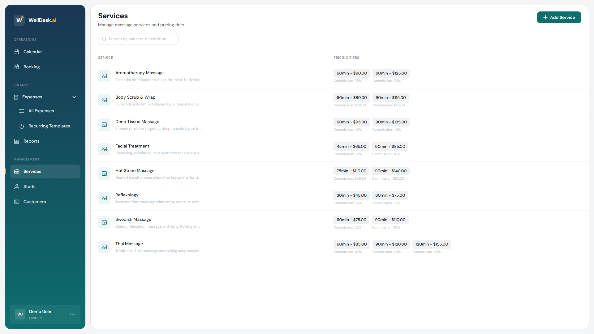 Services table overview