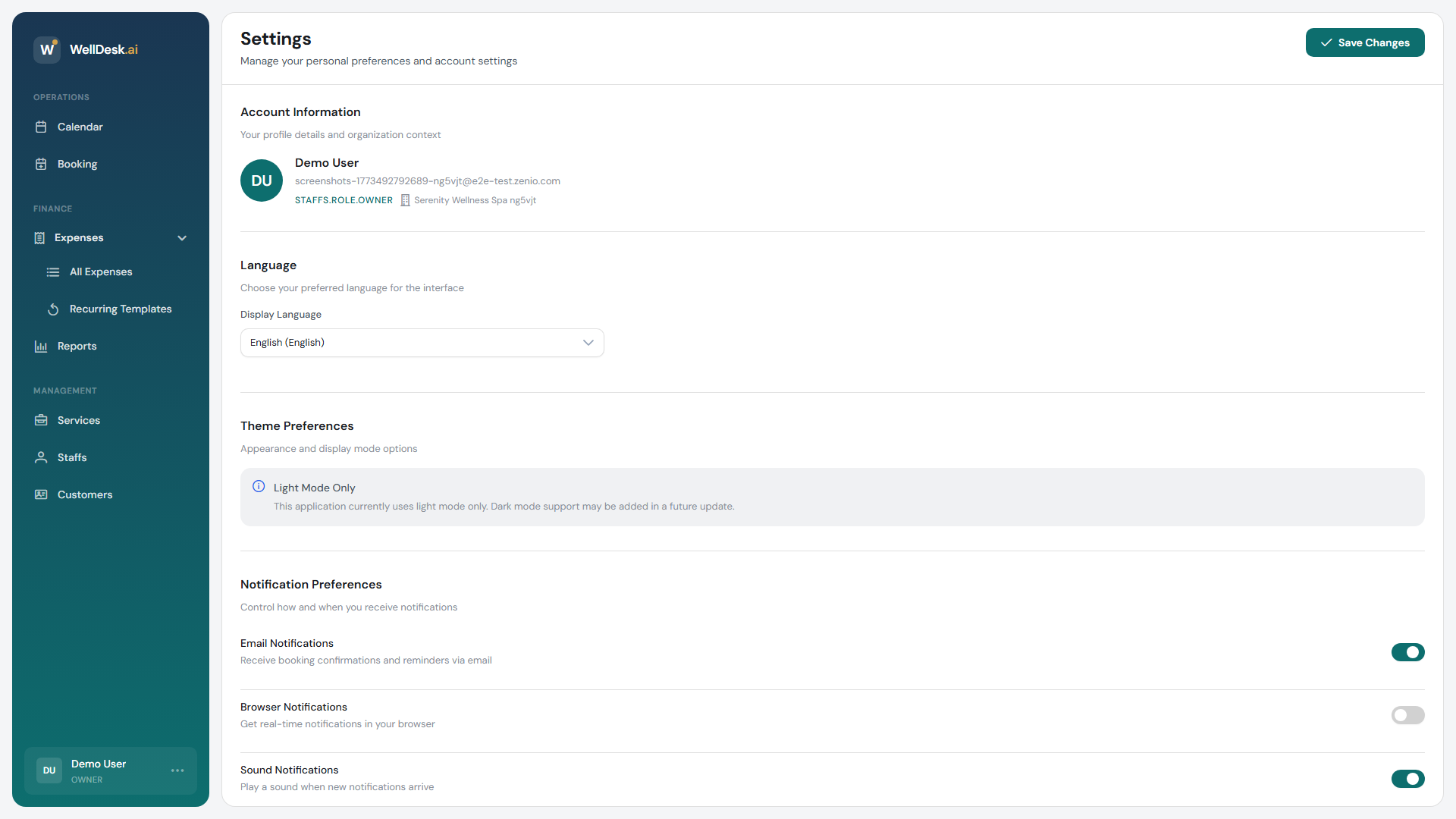 General settings page
