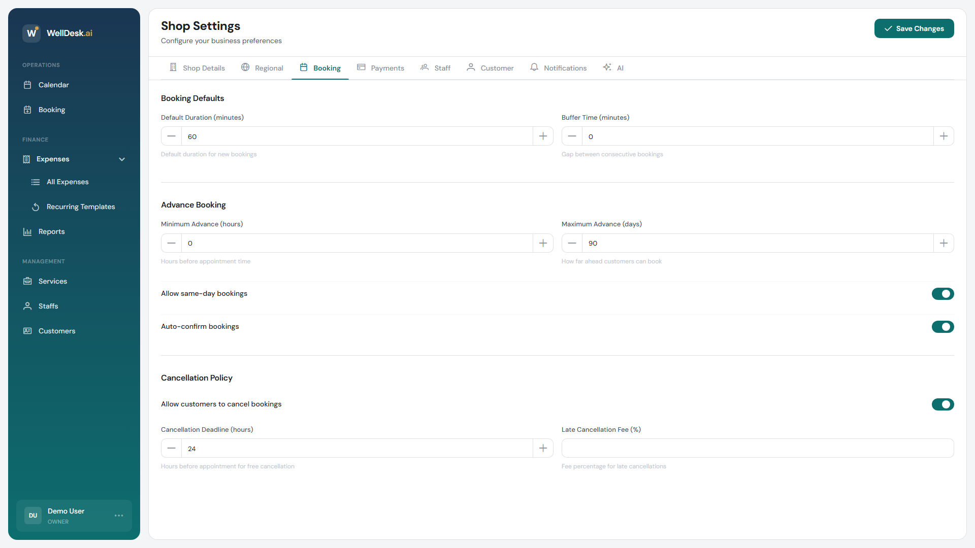 Booking settings tab
