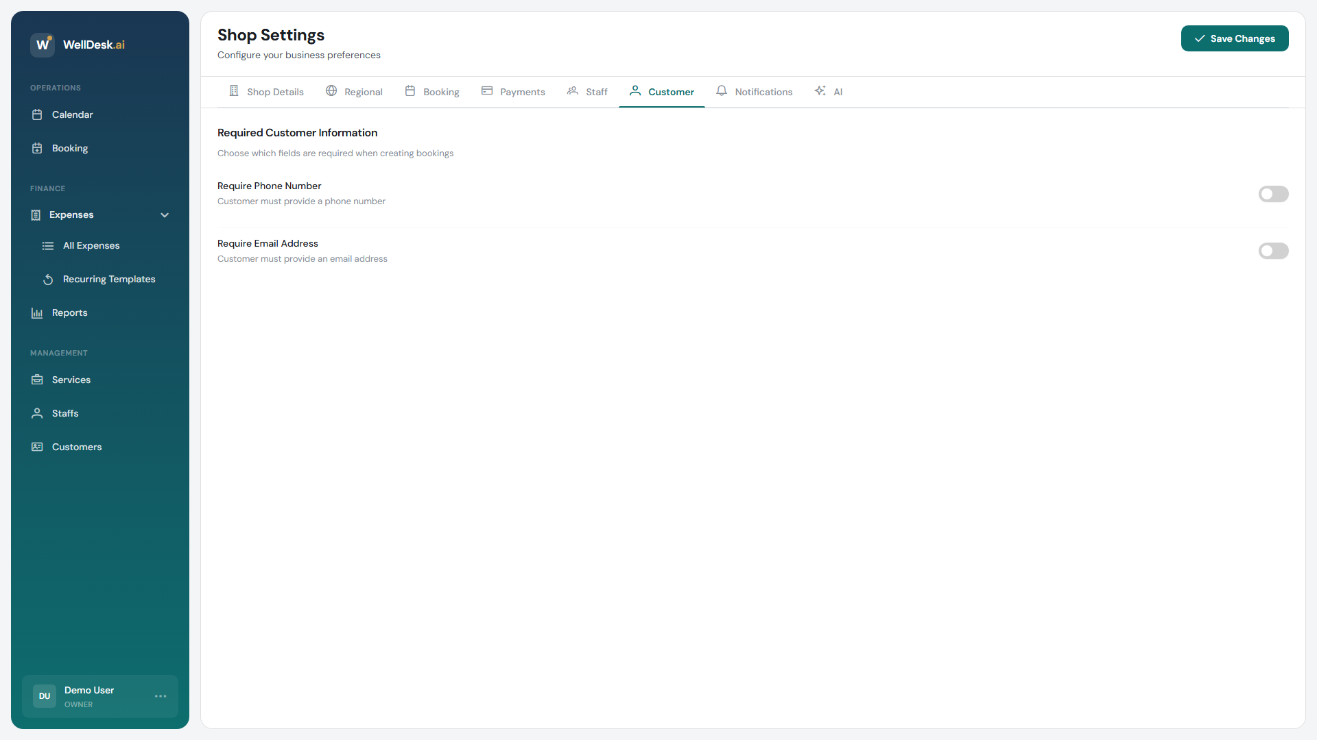Customer settings tab