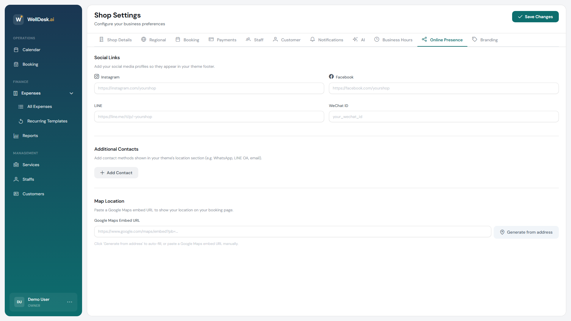 Online presence settings tab