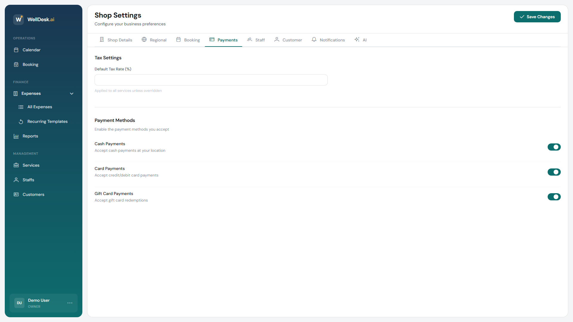 Payment settings tab