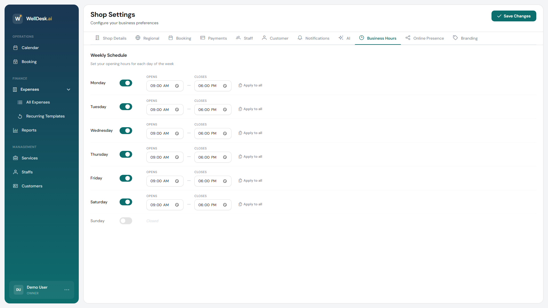 Shop settings — business hours