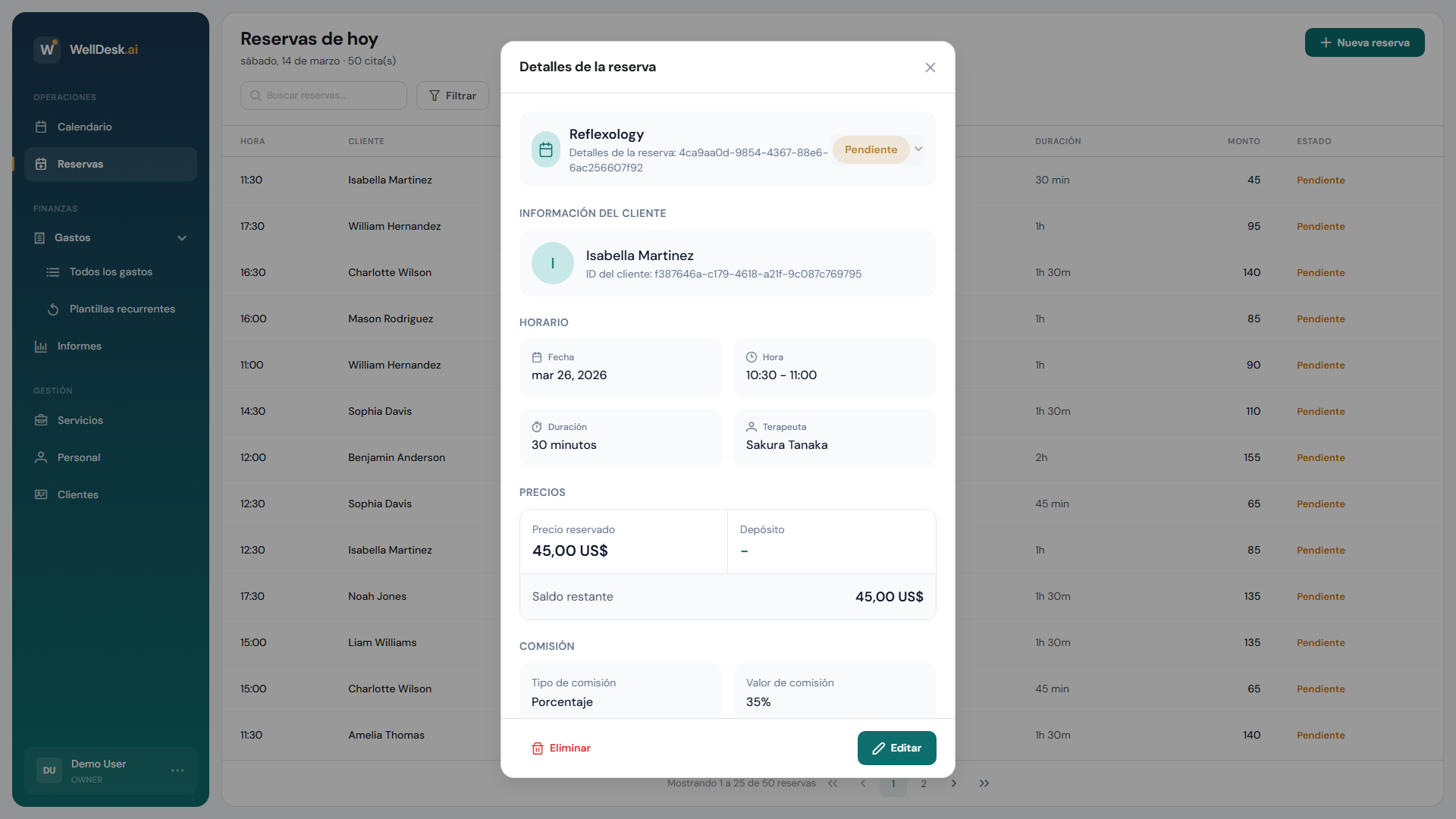 Diálogo de detalles de la reserva
