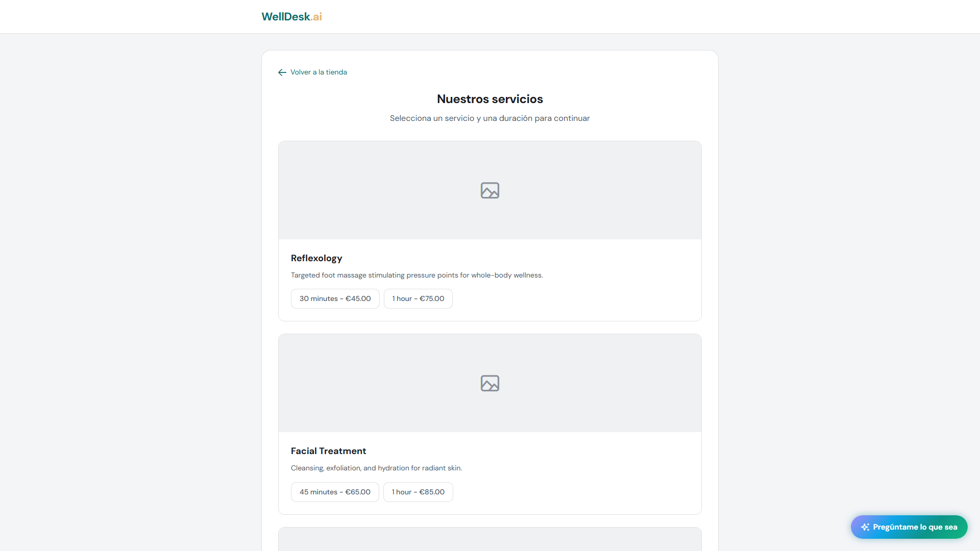 Selección de servicio en la página de reservas