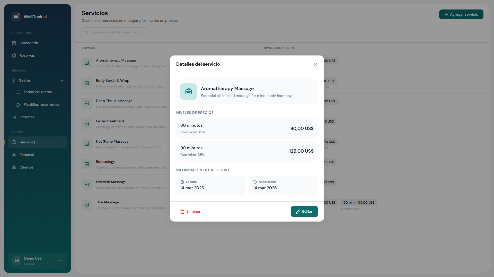Detalle de servicio con niveles de precios