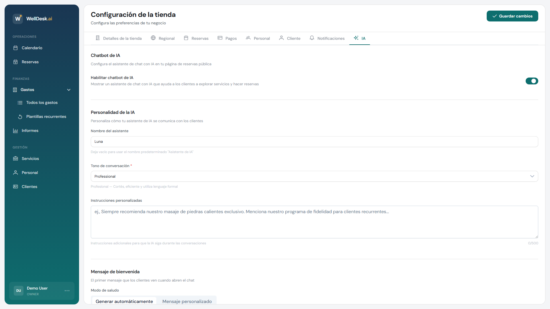 Panel de configuración de IA que muestra el interruptor para habilitar el asistente de IA y las opciones relacionadas
