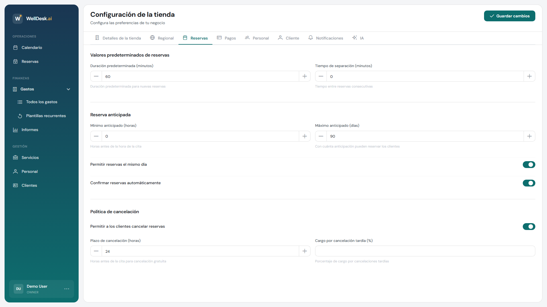 Pestaña de configuración de reservas