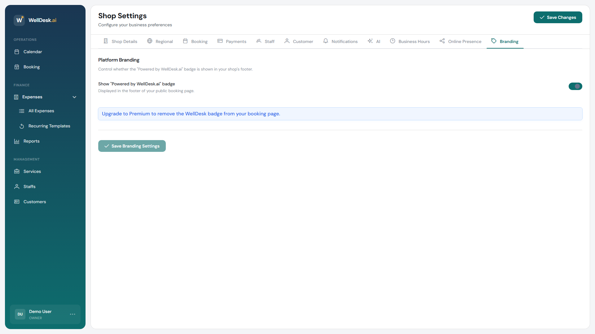 Pestaña de ajustes de branding