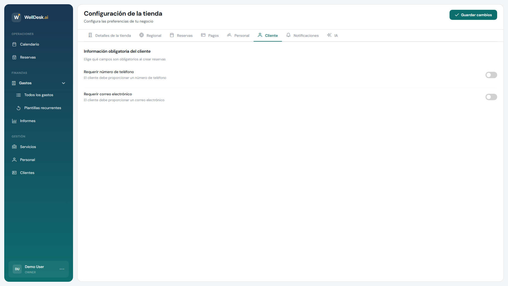Pestaña de configuración de clientes