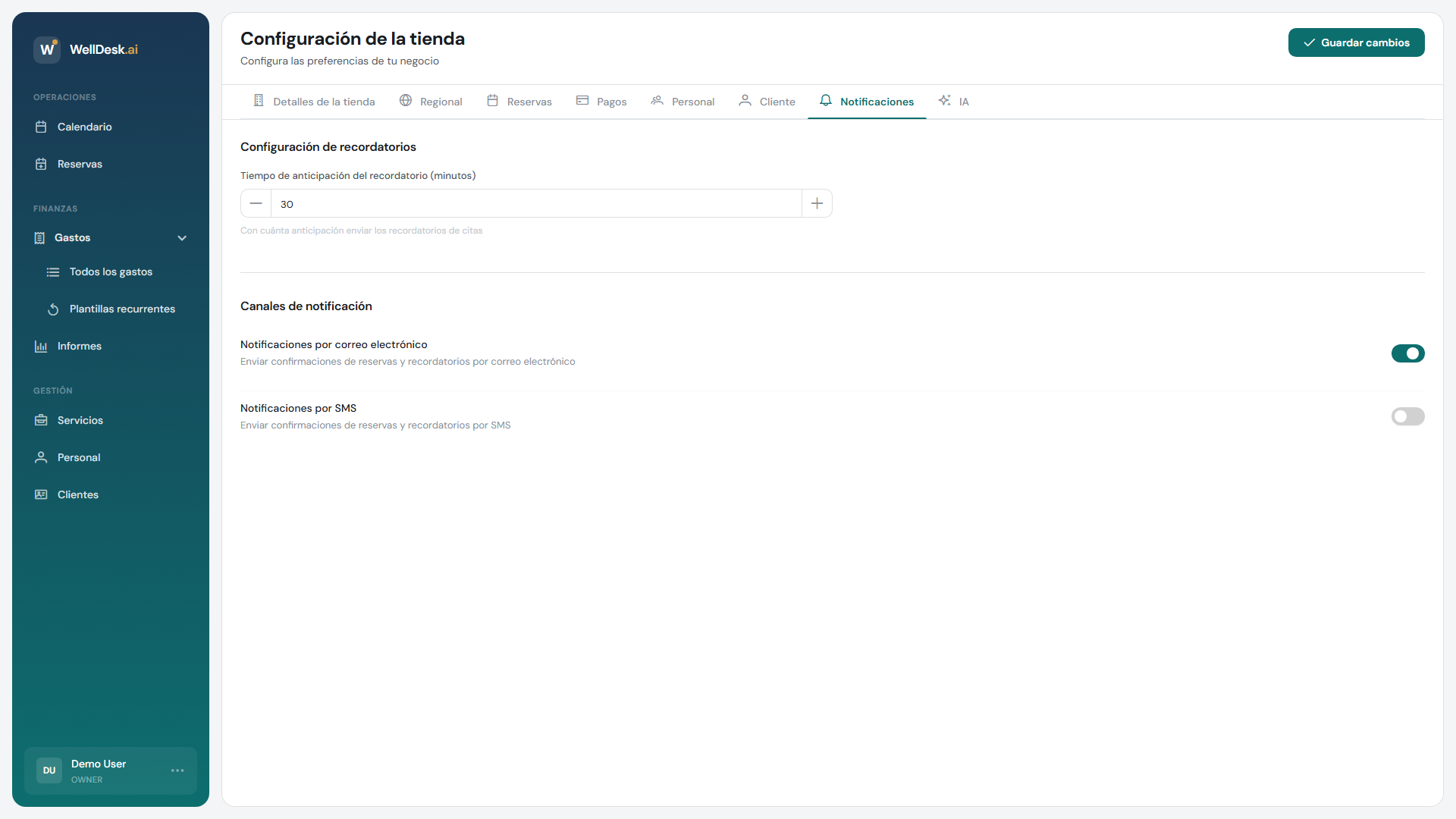 Pestaña de configuración de notificaciones