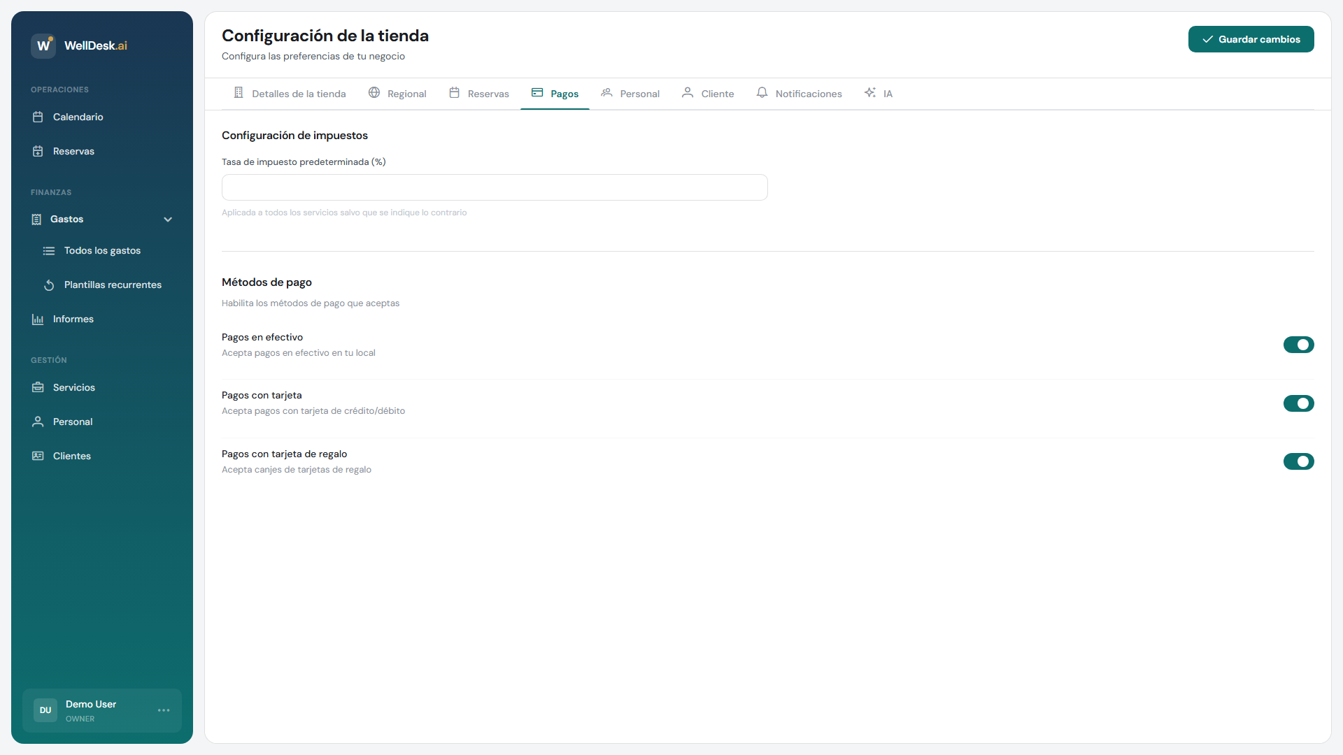Pestaña de configuración de pagos