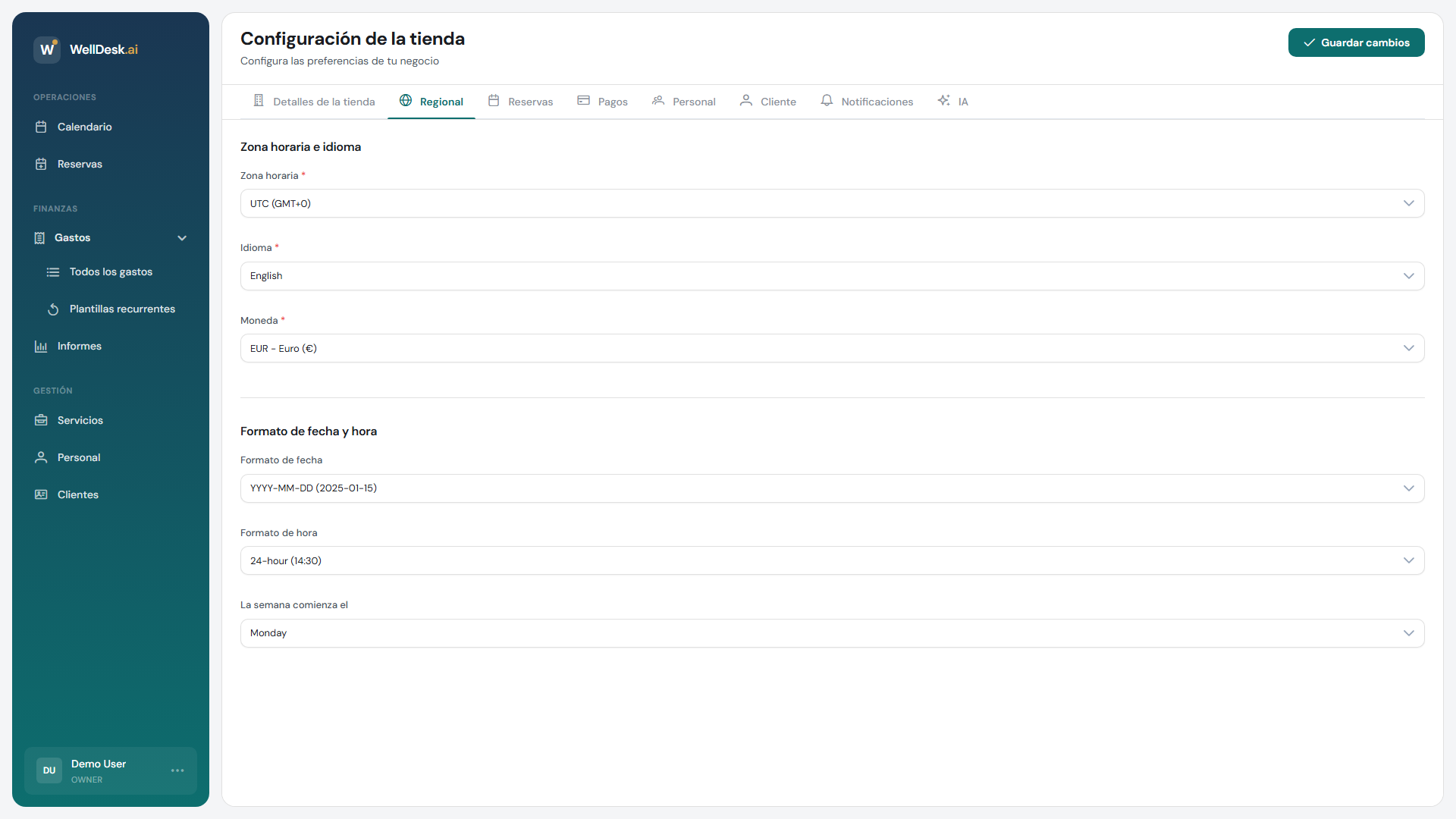 Pestaña de configuración regional