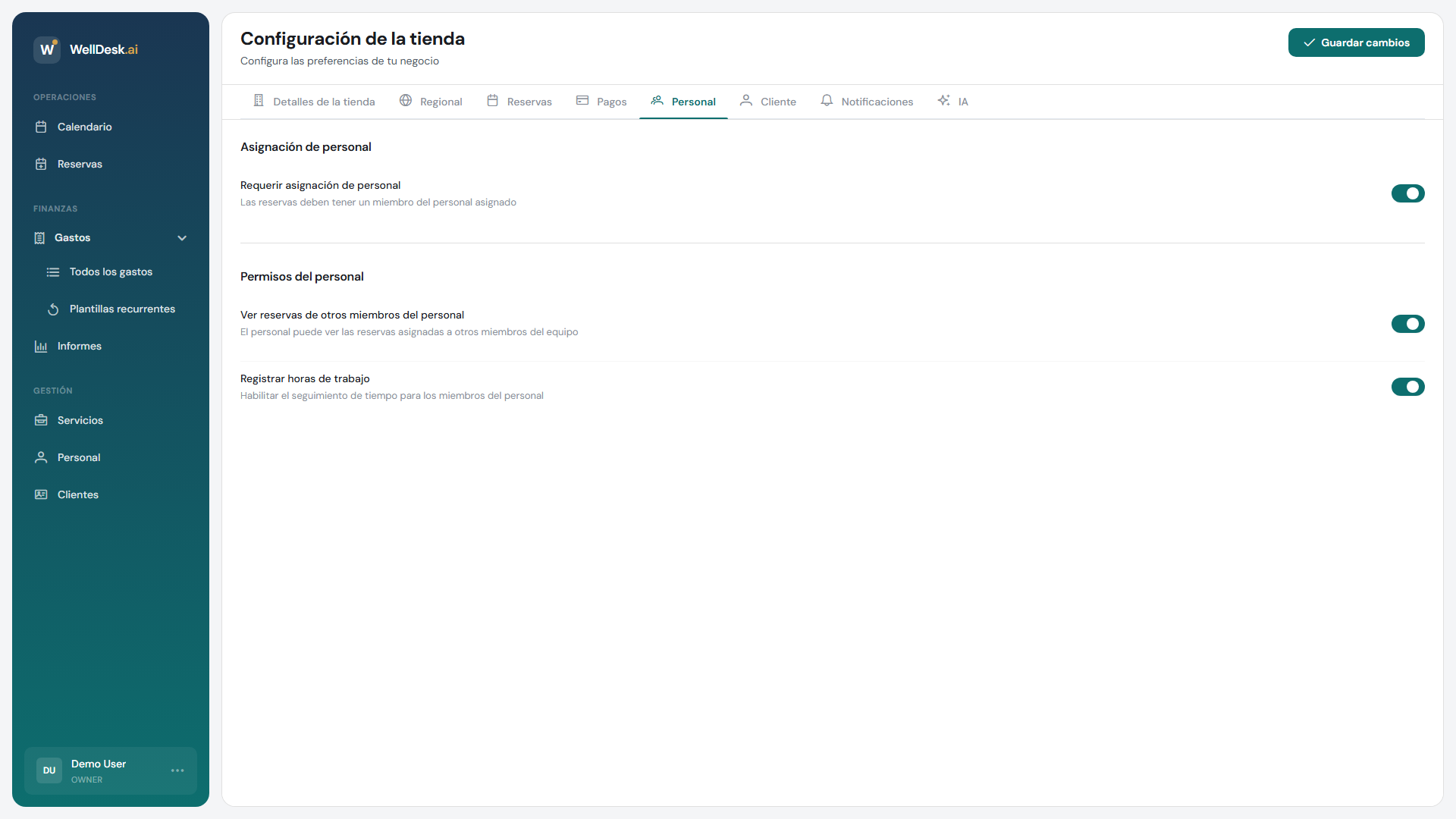 Pestaña de configuración del personal