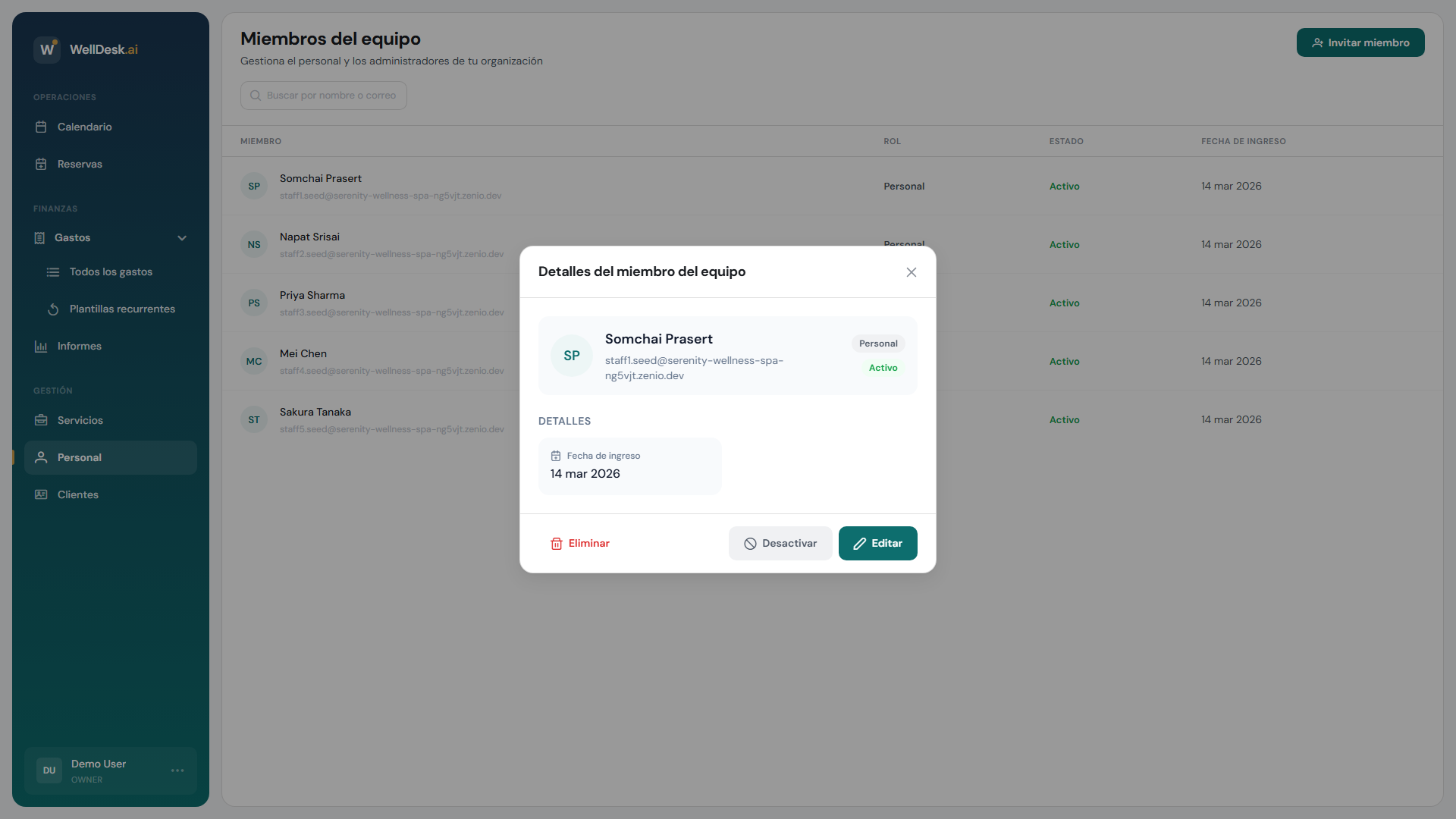 Diálogo de detalle del personal
