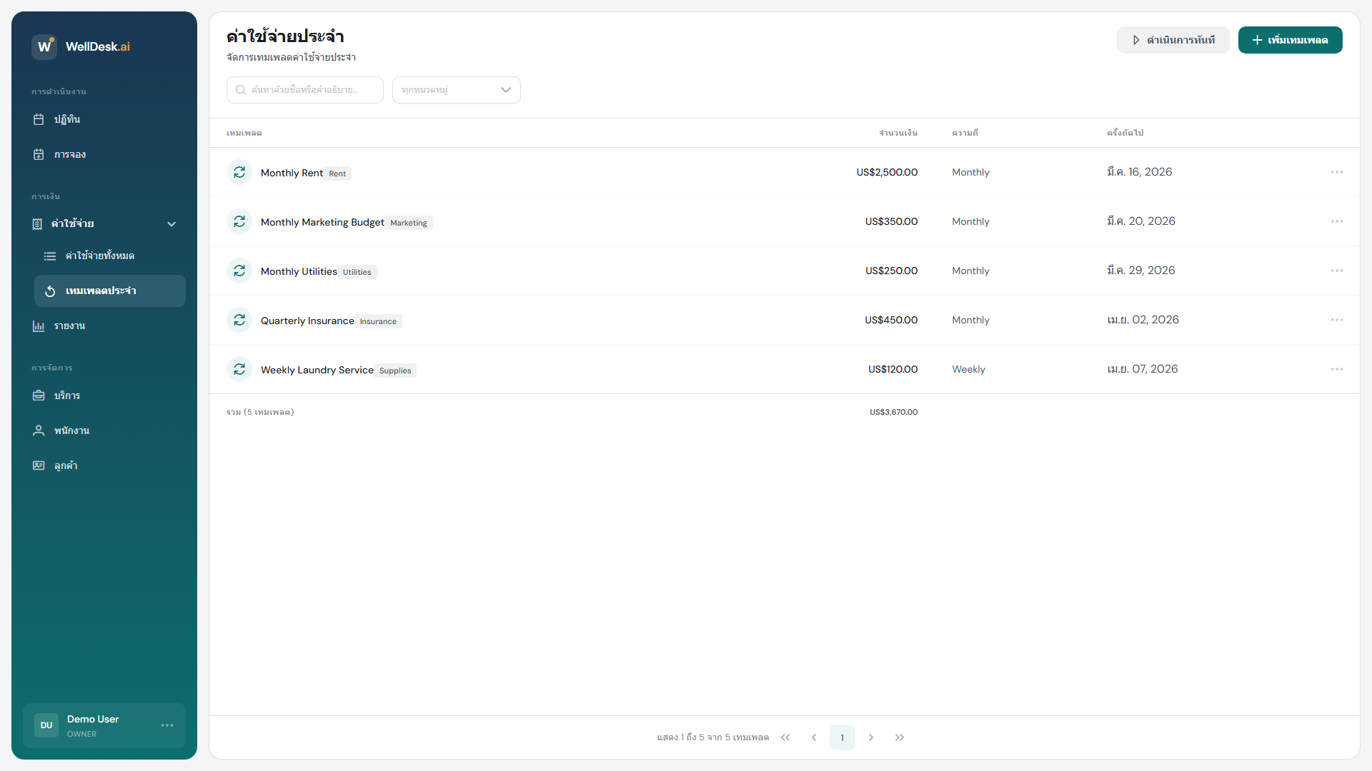 ตารางค่าใช้จ่ายที่เกิดซ้ำ
